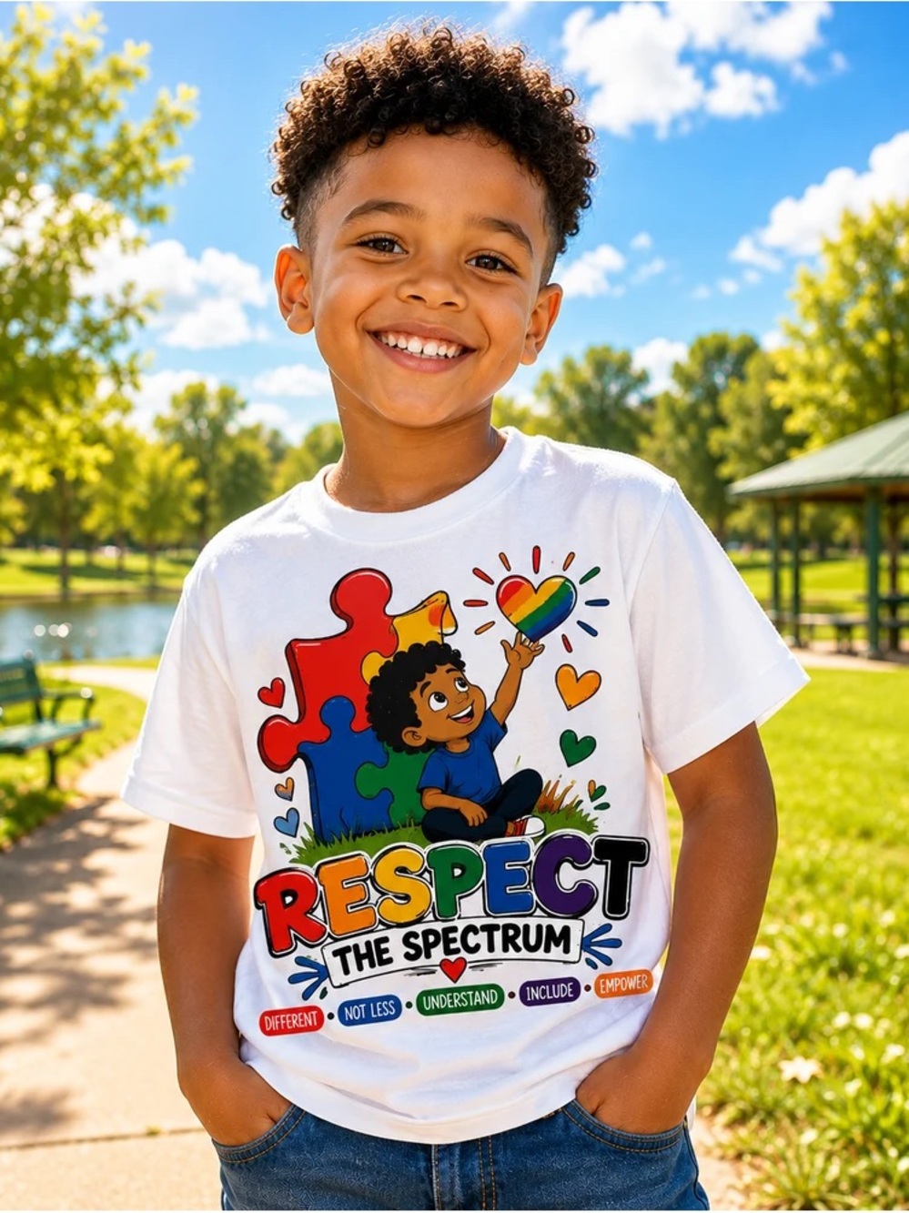 Respect The Spectrum Kids T‑Shirt - White with Rainbow Graphic